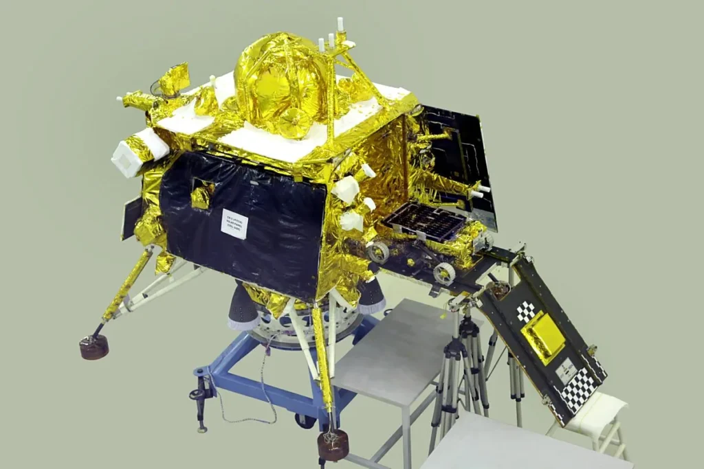 CHANDRAYAAN-3 LANDER AND ROVER ISRO’s Chandrayaan-3 lander is seen here with its ramp unfolded, revealing a small rover that will drive on the lunar surface. Image: ISRO
